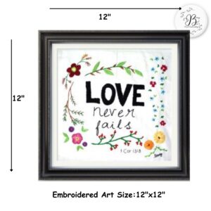 Love Never Fails Hand Embroidered 1 Corinthians 13:8 Scripture Art